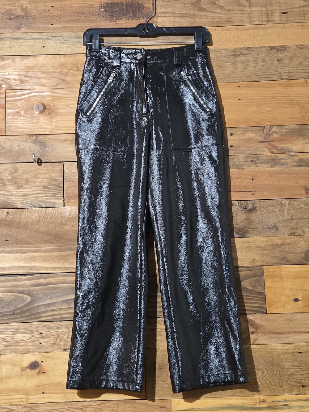Topshop Black Shiny Coated High Rise Straight Leg Y2K Pants US 2 Moto Rocker